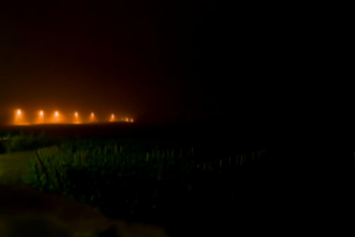 Les vignes de nuit, et au fond un alignement de lumières oranges de réverbères qui se fondent dans la brume. Chassagne-Montrachet, Bourgogne, septembre 2009.