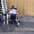 Homme allongé sur une pile de chaises longues, le pied appuyé sur la roue d'un vélo. Paris, août 2003.