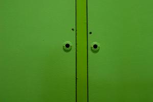 Dans les escaliers de la bibliothèque Valeyre, deux portes de placard peintes en vert. Paris, novembre 2009.