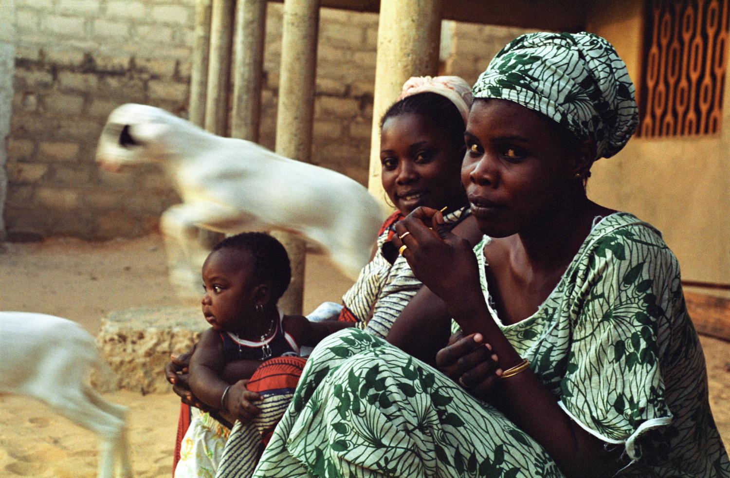 Assises devant le porche d'une maison en chantier, deux Yaye Fall et un bébé qui regarde des moutons sortir en sautant. Touba, Sénégal, février 2008.