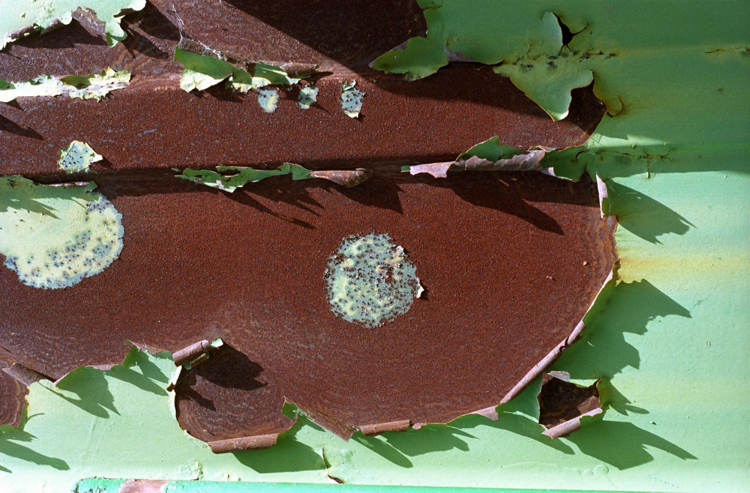 Tache de rouille dans la peinture verte écaillée d'une tôle. Eguilles, août 2005.